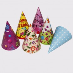 Бумажные праздничные колпачки 16см С Днем Рождения (1шт) (разноцветные)