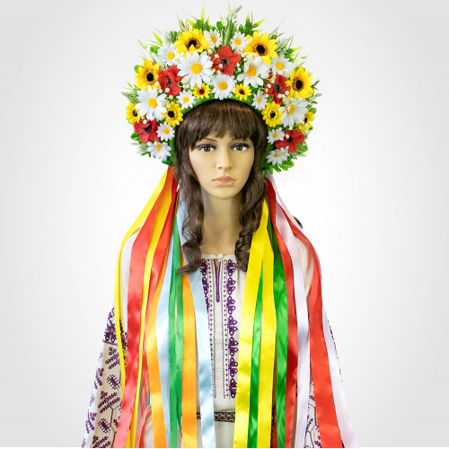 Український вінок високий зі стрічками на голову Зореслава 13696