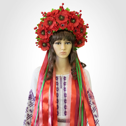 Український вінок високий зі стрічками на голову Стефанія 13699