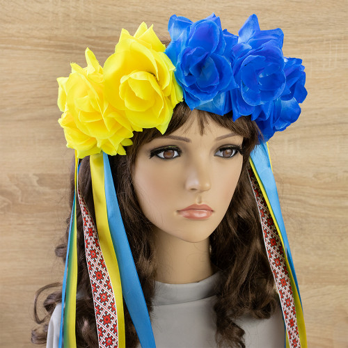 Український віночок зі стрічками на обідку Вікторія 13447 (жовтий із синім)