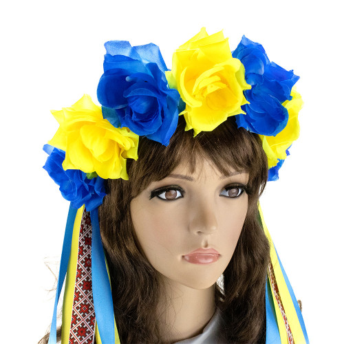 Український віночок зі стрічками на обідку Власта 13448 (жовтий із синім)