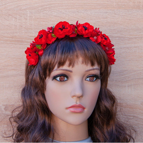 Український віночок квітковий на обідку 12202 з тичинками (червоний)