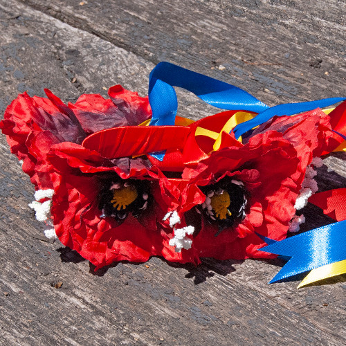 Український віночок зі стрічками на обідку Рута з великими маками 3264