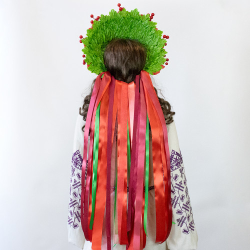 Український вінок високий зі стрічками на голову Ведана 13701