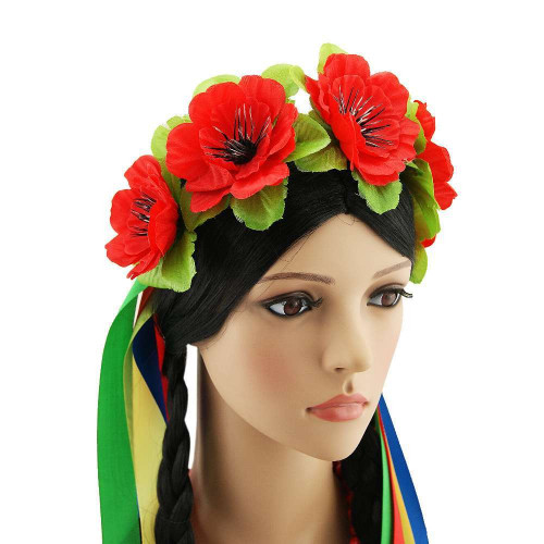 Український віночок зі стрічками на обідку Пава з червоними маками 4143