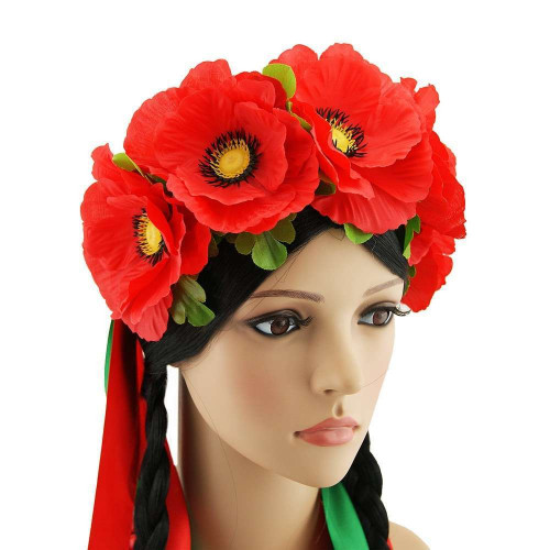 Український віночок зі стрічками на обідку Рута з великими маками 3264