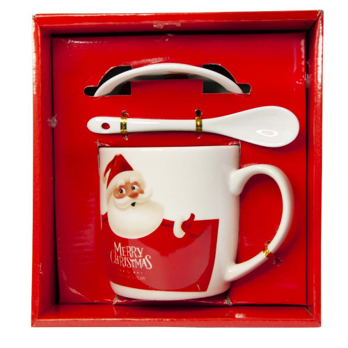 Набор Новогодний чашка с ложкой и крышкой 14292 Санта в красных рукавицах (красный)