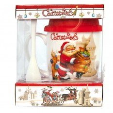 Набор Новогодний чашка с ложкой и силиконовой крышкой 592B3 Санта с подарками (белый)