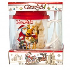 Набір Новорічний чашки з ложкою та силіконовою кришкою 592B4 Санта і олень (білий)