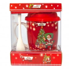 Набор Новогодний чашка с ложкой и силиконовой крышкой 90441 Санта в кресле (красный)