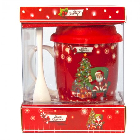 Набір Новорічний чашка з ложкою та силіконовою кришкою 90441 Санта в кріслі (червоний)