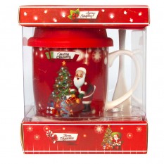 Набір Новорічний чашка з ложкою та силіконовою кришкою 90443 Санта з подарунками (червоний)