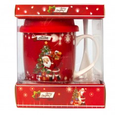 Набір Новорічний чашка з ложкою та силіконовою кришкою 90444 Санта приніс подарунки (червоний)
