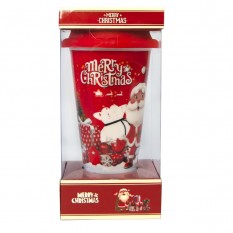 Чашка склянка Новорічна з силіконовою кришкою 72511 Санта з подарунками (червона)
