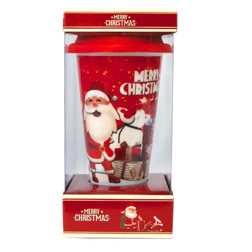 Чашка стакан Новогодняя с силиконовой крышкой 72514 Санта с подарками (красная)
